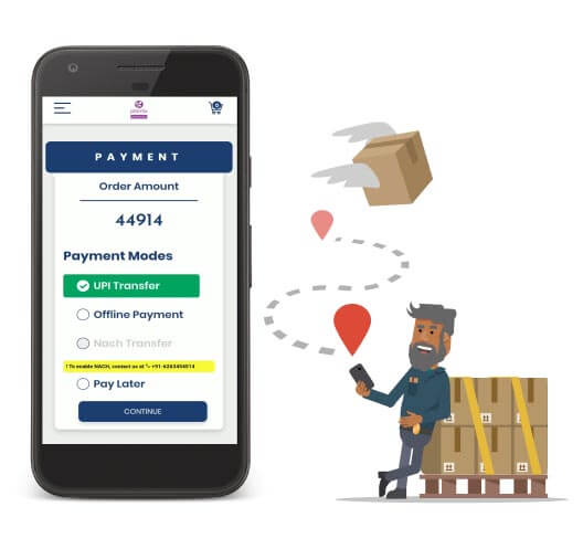 An ordered package is flying towards a happy shopkeeper. Next to him a smartphone displays a number of payment options from which UPI transfer is selected.