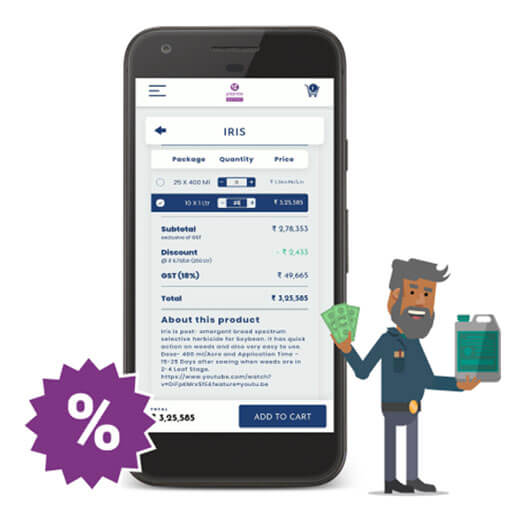 A smartphone with a discount icon displays a cart with an applied quantity discount. A virtual shopkeeper is standing next to it. He waves a bundle of cash that he saved due to this discount and holds the agricultural input chemical he ordered in his hand.